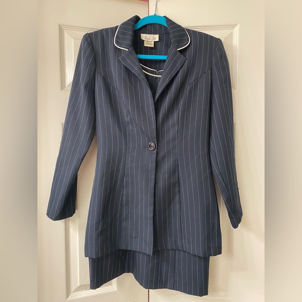 Elegant Navy Pinstripe Blazer & Dress 2-Piece Set